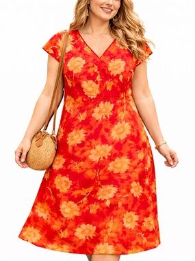 CJ Banks Red Orange Floral Dress Size 14 W Short Sleeve V Neck NWT